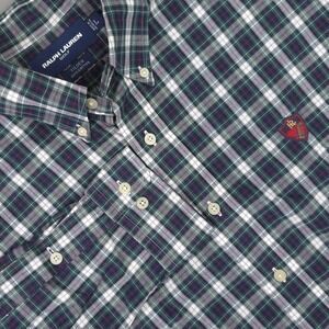 Ralph Lauren Golf Shirt Mens Large Green Plaid Tilden Button Down Crest Cotton